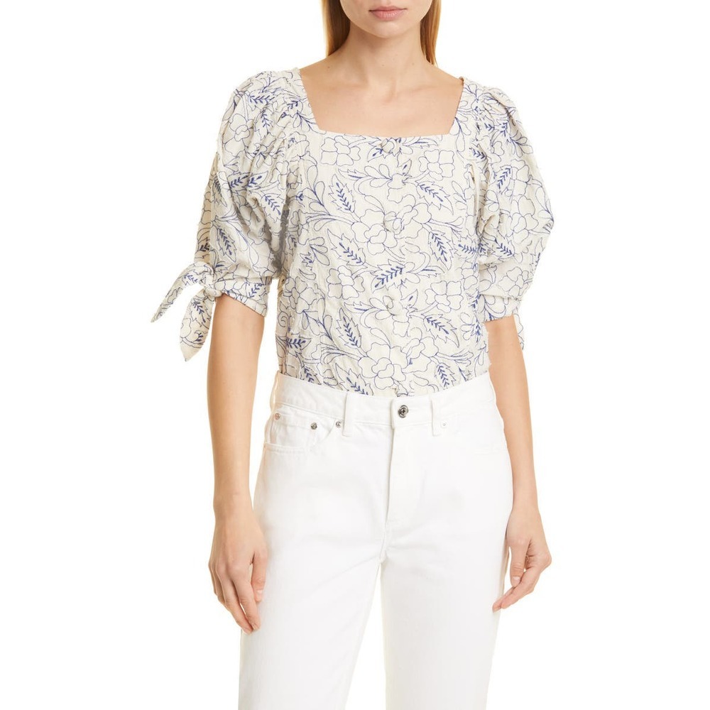 Mille Women's Evelyn Floral Cotton Top Capri Prairie Embroidered Tie Sleeves NWT